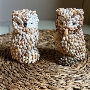 Vintage Pair Unique Folk Art Mid-20th Century Shell-Encrusted Owl Figurines